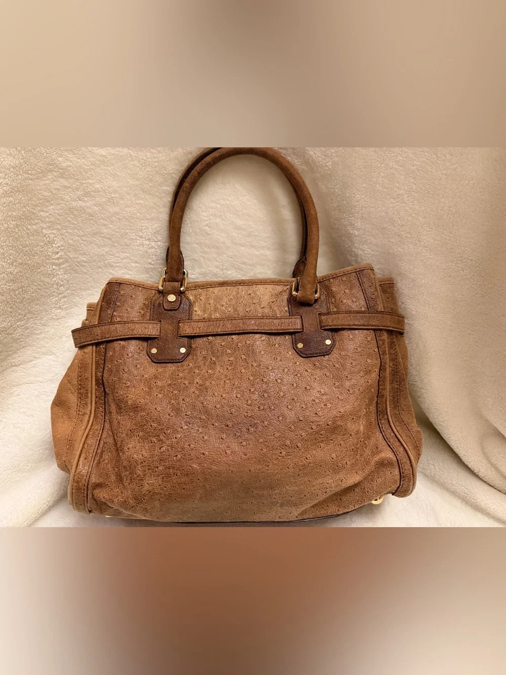 Michael Kors Hamilton Ostrich Embossed Satchel Bag & Zip Wallet Set Brown Tan